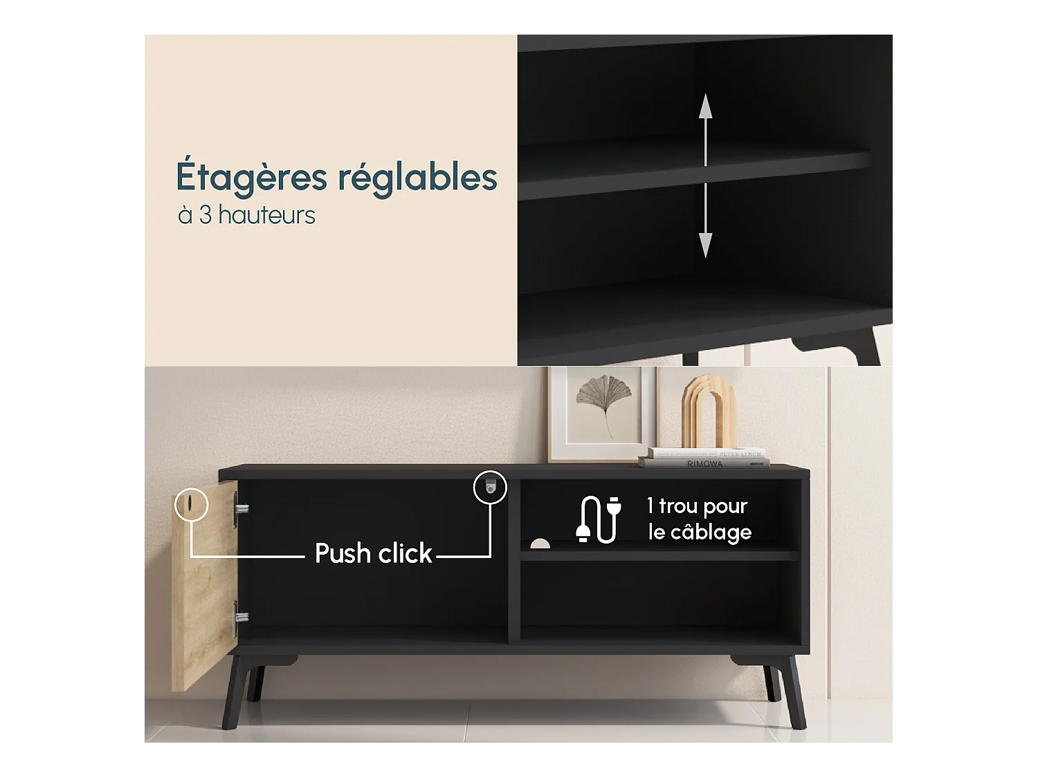 Mueble TV para Salón comedor en Negro y Sonoma 100x29,5x42,5cm Kai