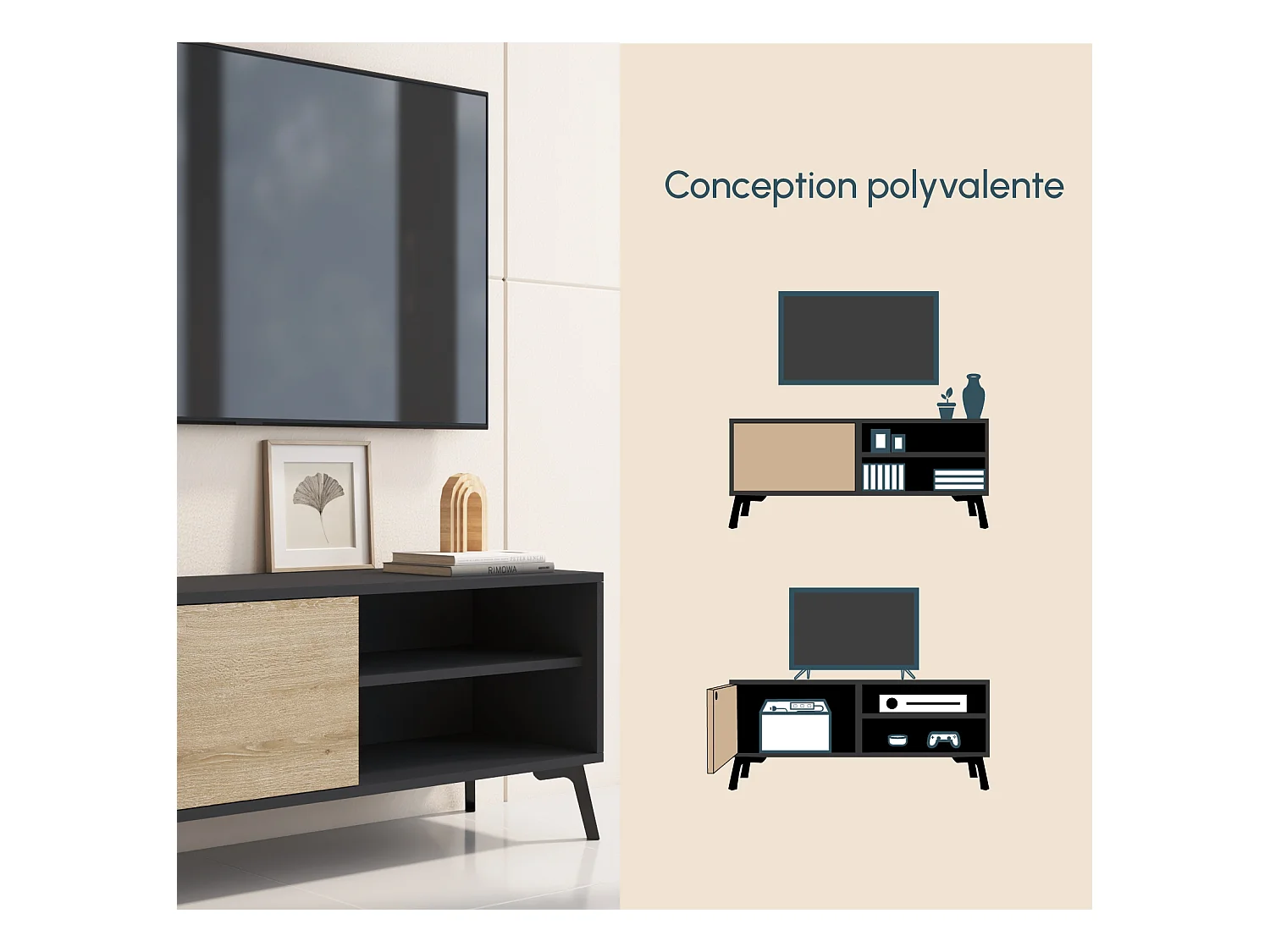 Mueble TV para Salón comedor en Negro y Sonoma 100x29,5x42,5cm Kai