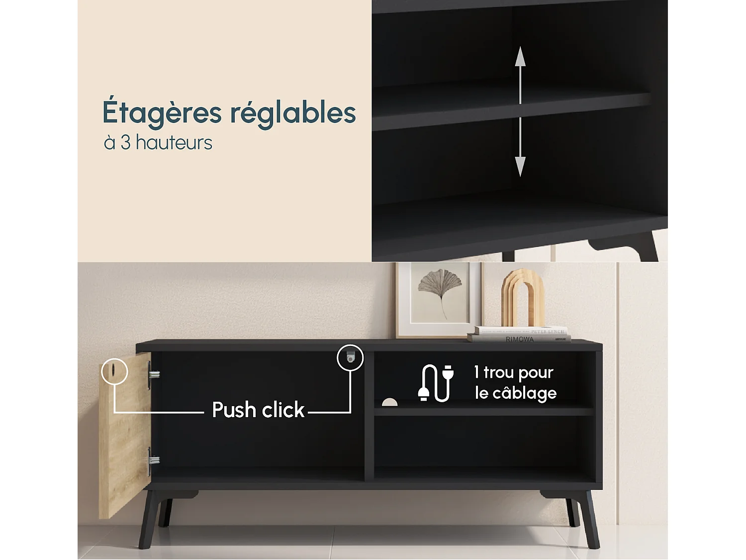 Meuble TV pour Salon Salle à manger en Noir et Sonoma 100x29,5x42,5cm Kai