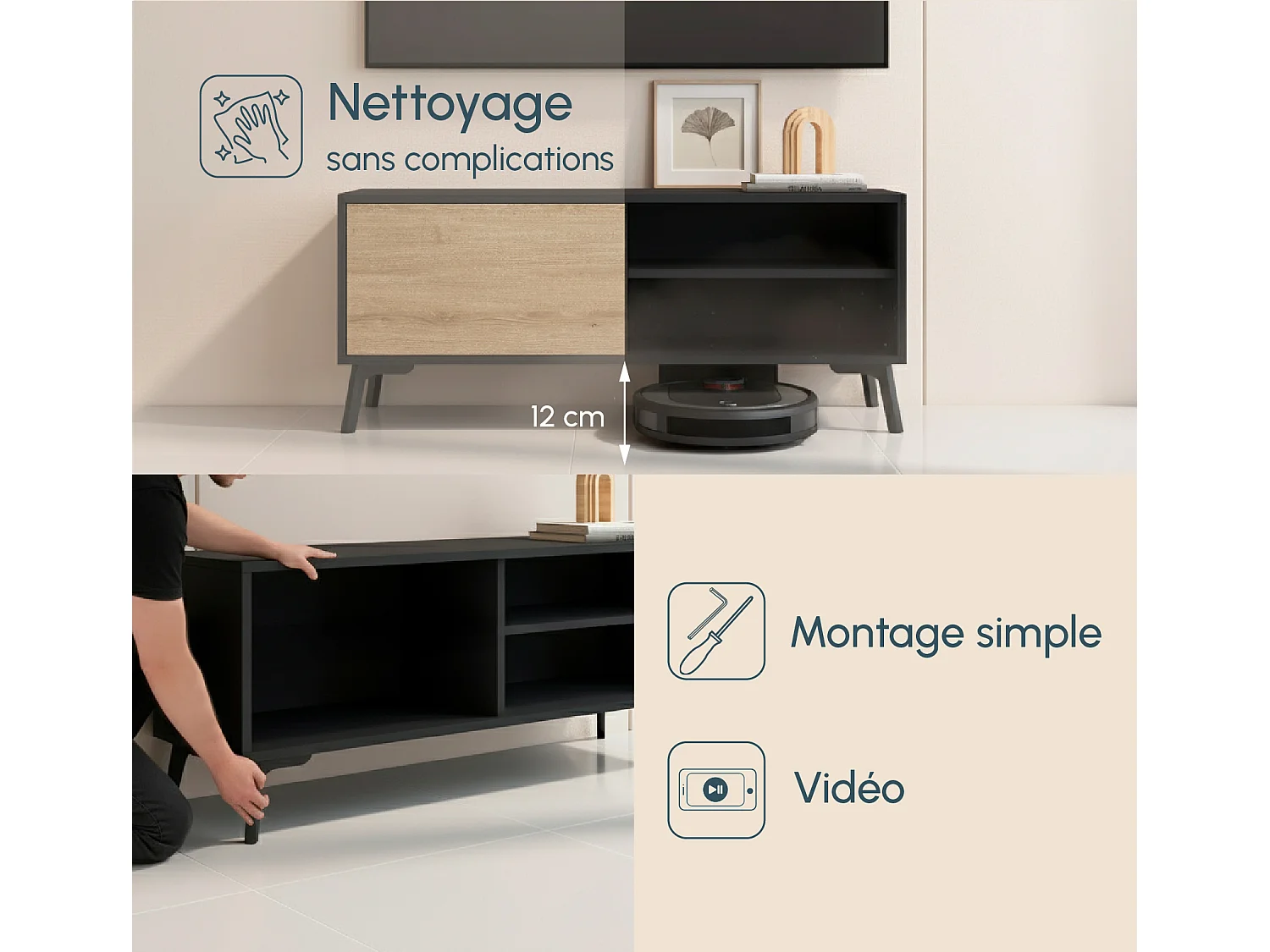 Meuble TV pour Salon Salle à manger en Noir et Sonoma 100x29,5x42,5cm Kai