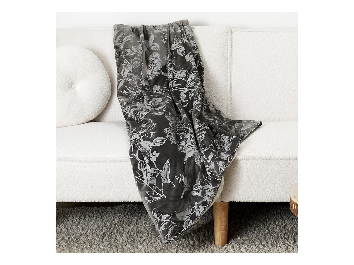 Plaid Velours Motif Sherpa Gris 120x150cm Gris