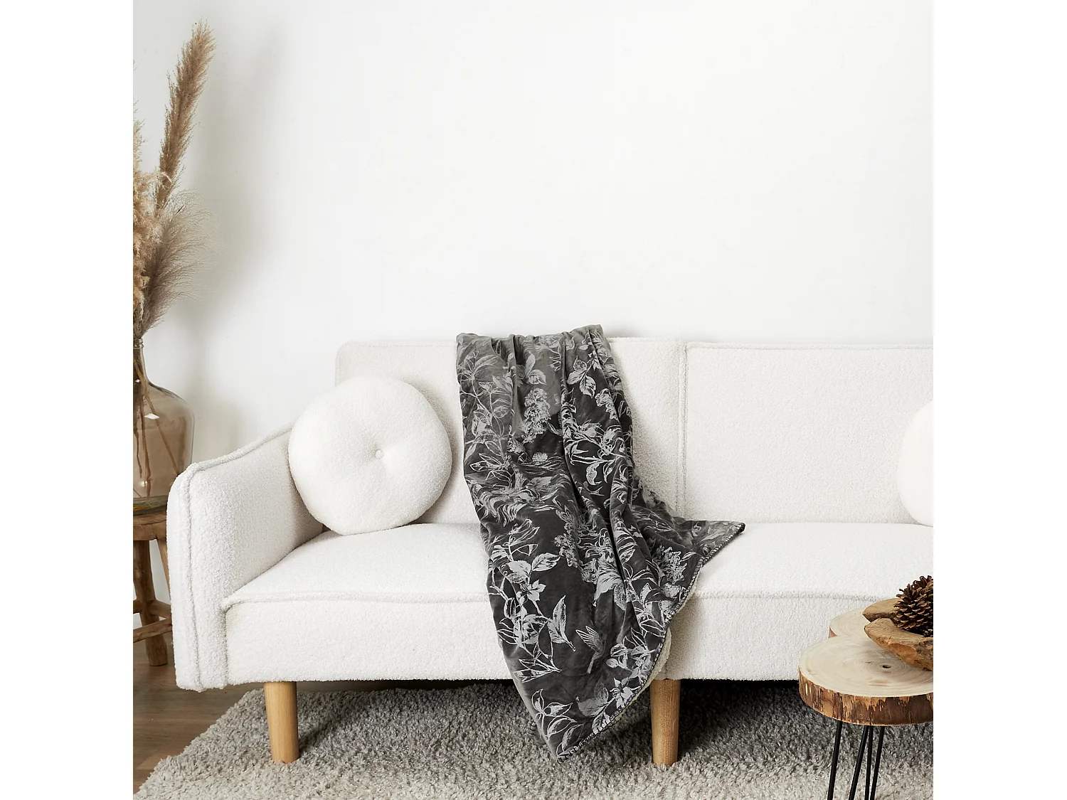 Plaid Velours Motif Sherpa Gris 120x150cm Gris