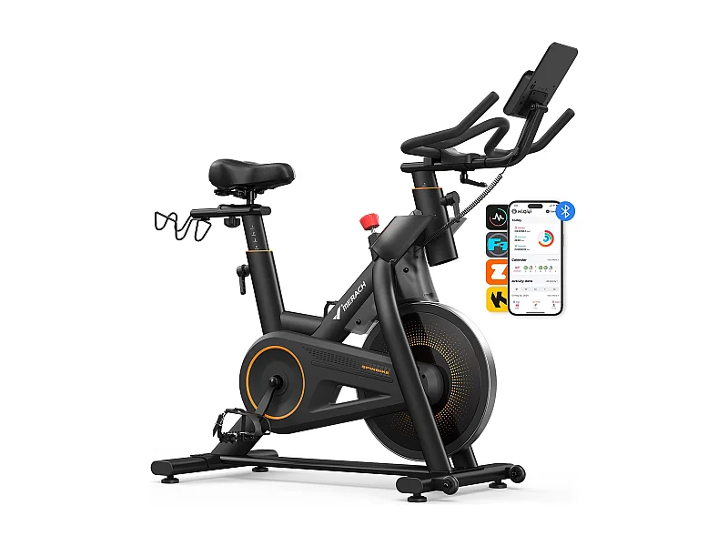 Velo d'appartement magnetique, volant 10 kg, 16 niveaux, guidon/selle reglables, bluetooth, double porte bouteille, support halteres