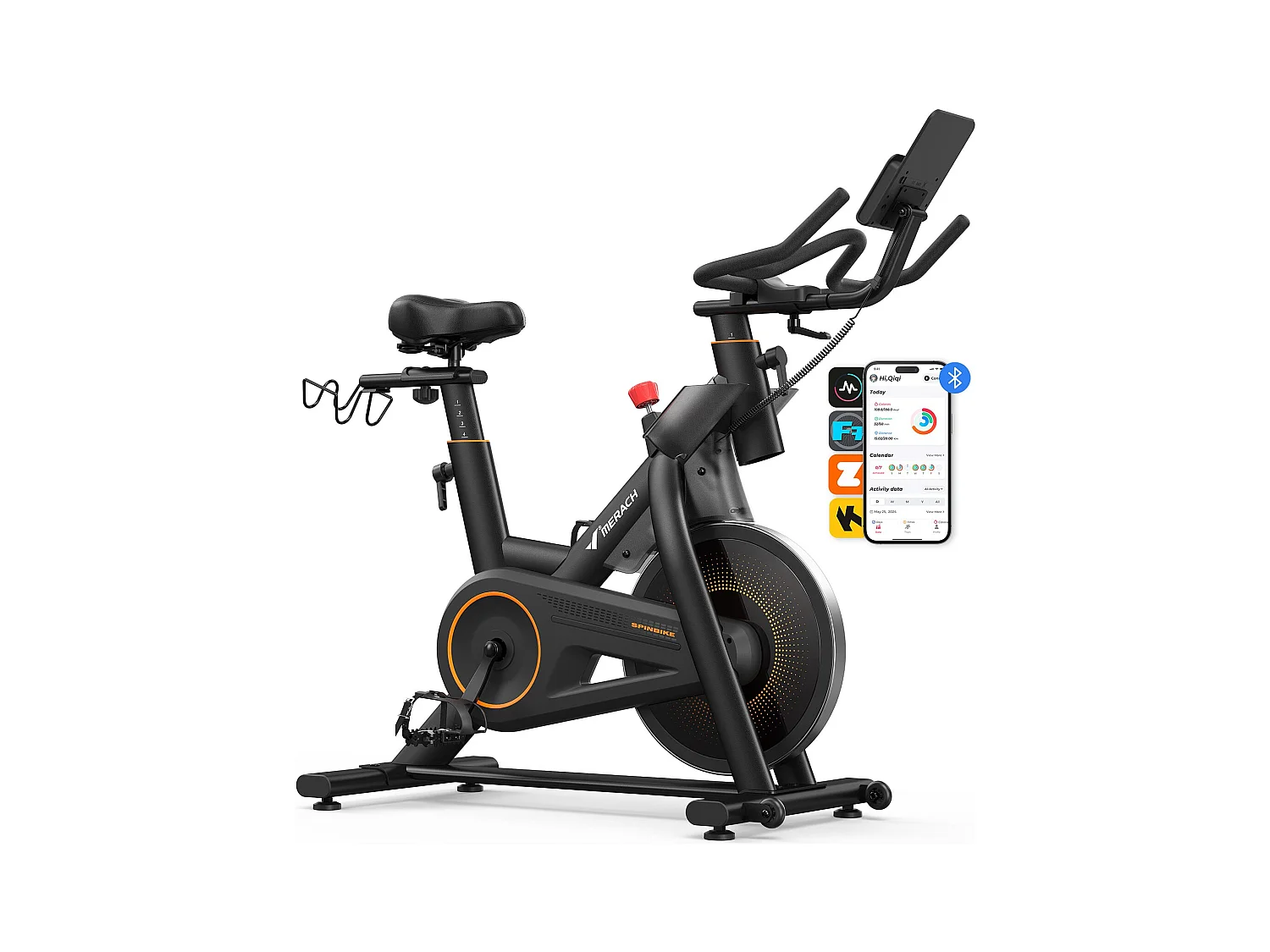 Velo d'appartement magnetique, volant 10 kg, 16 niveaux, guidon/selle reglables, bluetooth, double porte bouteille, support halteres