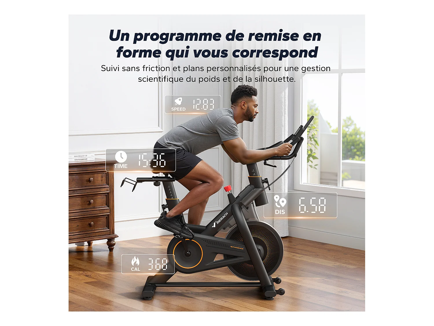 Velo d'appartement magnetique, volant 10 kg, 16 niveaux, guidon/selle reglables, bluetooth, double porte bouteille, support halteres
