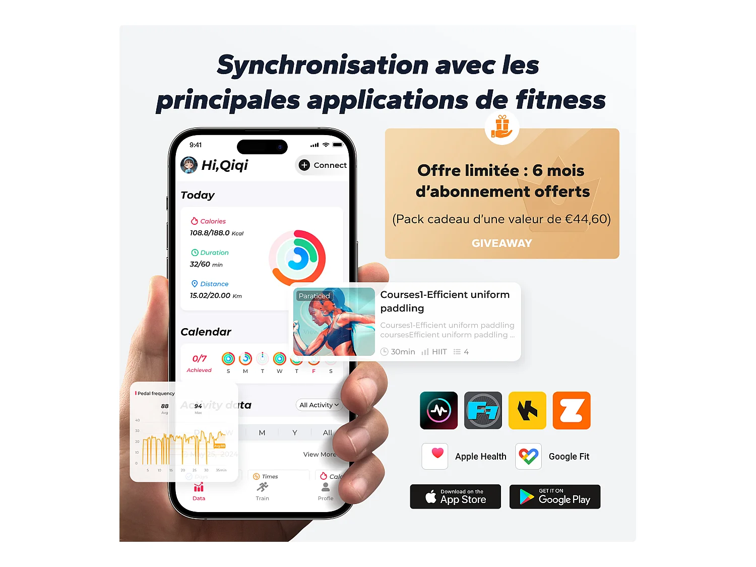 Velo d'appartement magnetique, volant 10 kg, 16 niveaux, guidon/selle reglables, bluetooth, double porte bouteille, support halteres