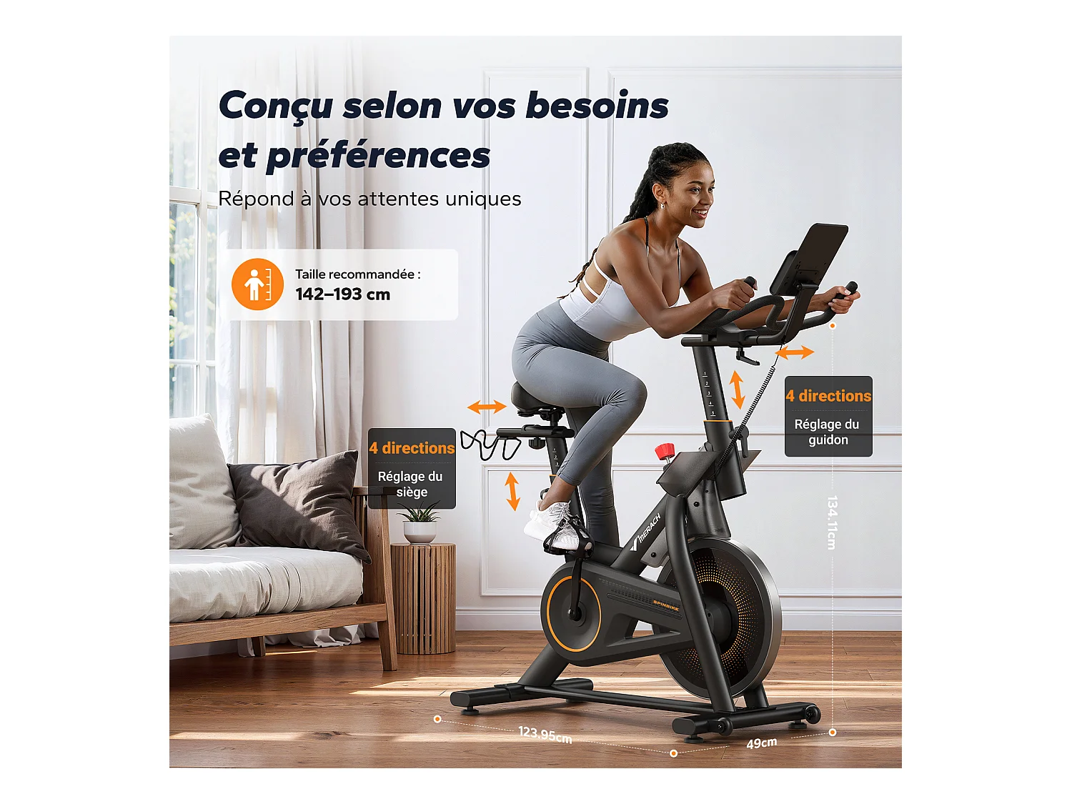 Velo d'appartement magnetique, volant 10 kg, 16 niveaux, guidon/selle reglables, bluetooth, double porte bouteille, support halteres