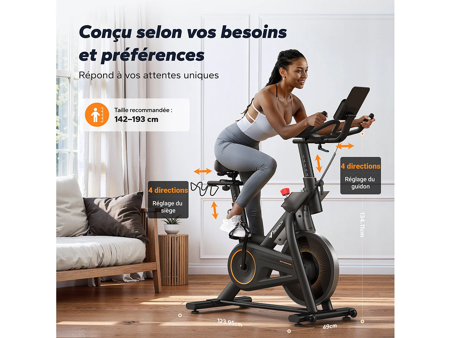 Velo d'appartement magnetique, volant 10 kg, 16 niveaux, guidon/selle reglables, bluetooth, double porte bouteille, support halteres