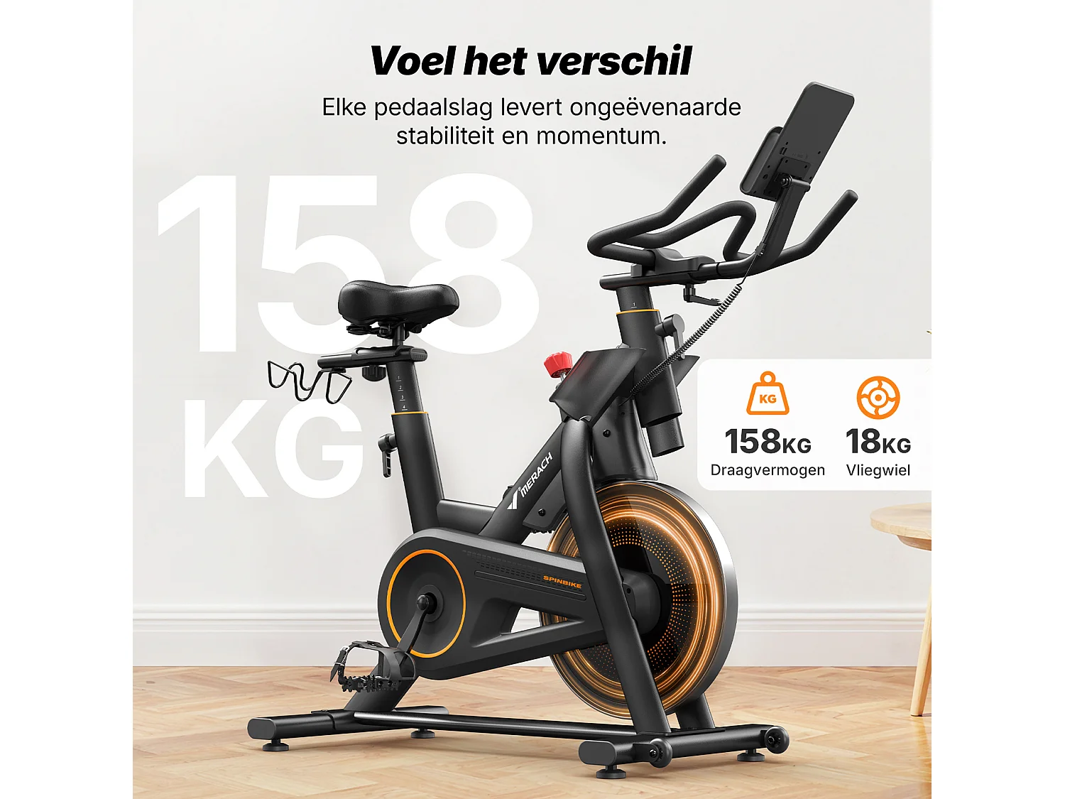 Bicicleta estática magnética, volante de 18 kg, 16 niveles, manillar/asiento regulables, Bluetooth, doble portabotellas, soporte para mancuernas