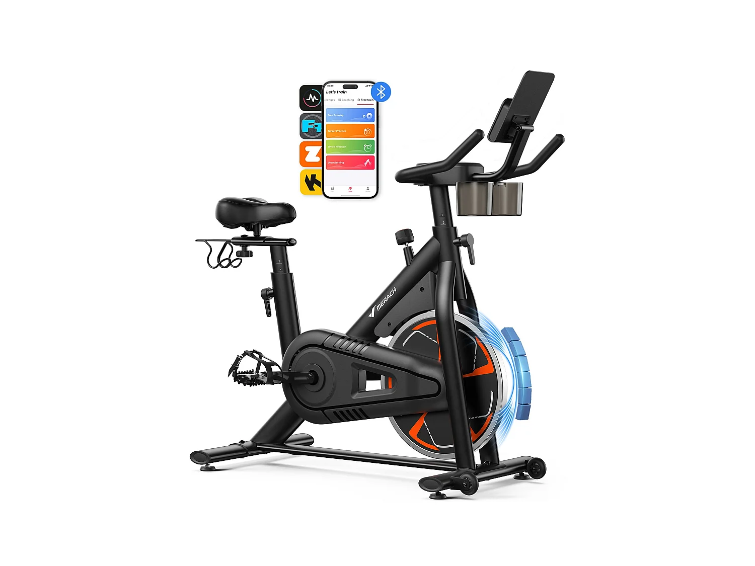 Vélo d'appartement magnétique MERACH, volant d'inertie 8 kg, 8 niveaux de résistance, écran LCD, APP compatible, charge 150 kg, silencieux