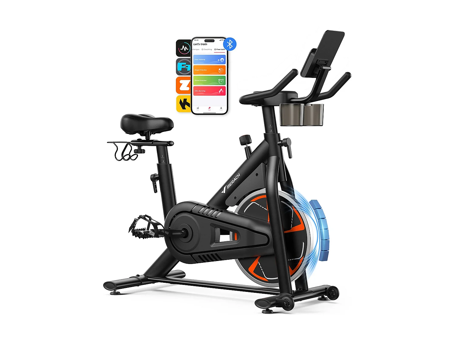 Vélo d'appartement magnétique MERACH, volant d'inertie 8 kg, 8 niveaux de résistance, écran LCD, APP compatible, charge 150 kg, silencieux