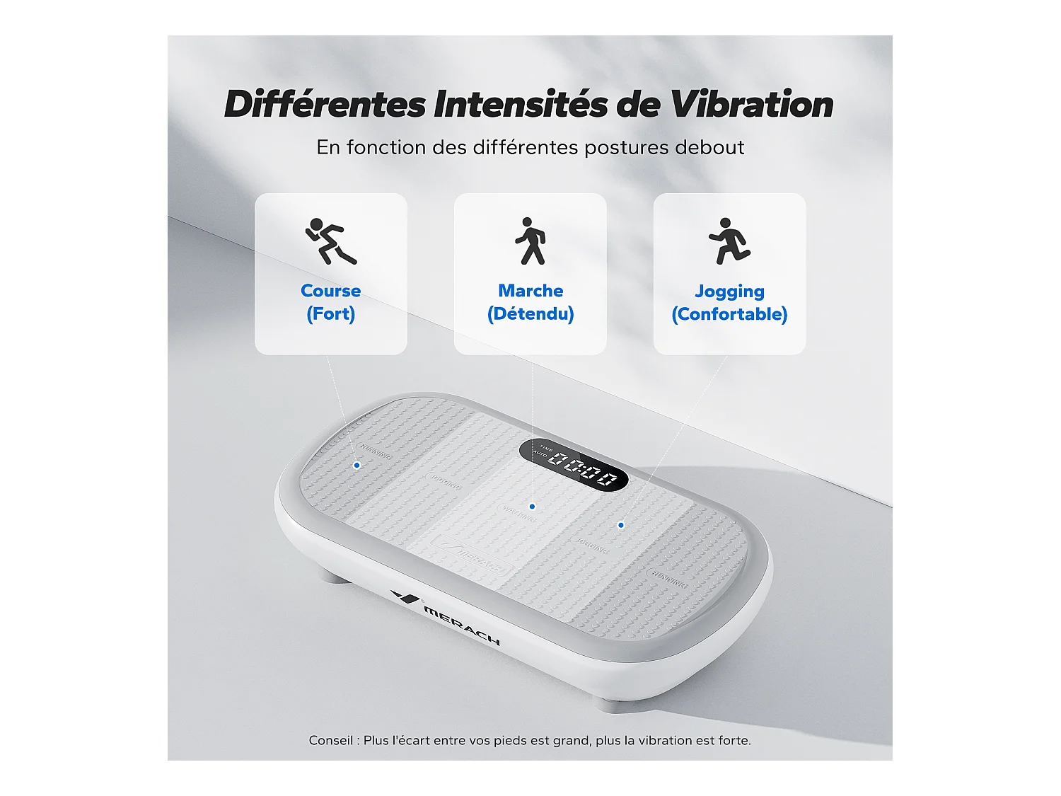 Plateforme Vibrante MERACH, Télécommande, Écran LED, Bluetooth, 10 Vitesses, 11 Programmes, Silencieuse, Capacité 200 kg