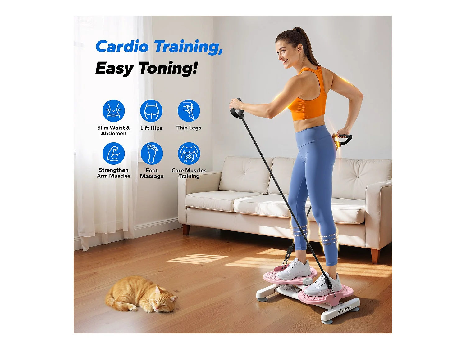 Twist Board MERACH con 2 corde elastiche 2×10 kg, tonifica corpo e addominali, compatto, carico max 136 kg, rosa