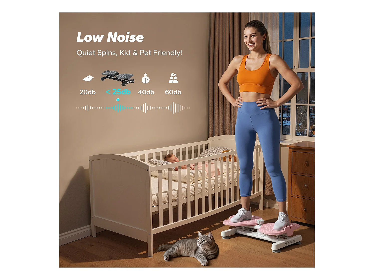 Twist Board MERACH con 2 corde elastiche 2×10 kg, tonifica corpo e addominali, compatto, carico max 136 kg, rosa