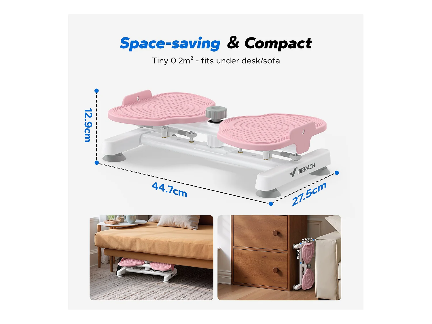 Twist Board MERACH con 2 corde elastiche 2×10 kg, tonifica corpo e addominali, compatto, carico max 136 kg, rosa