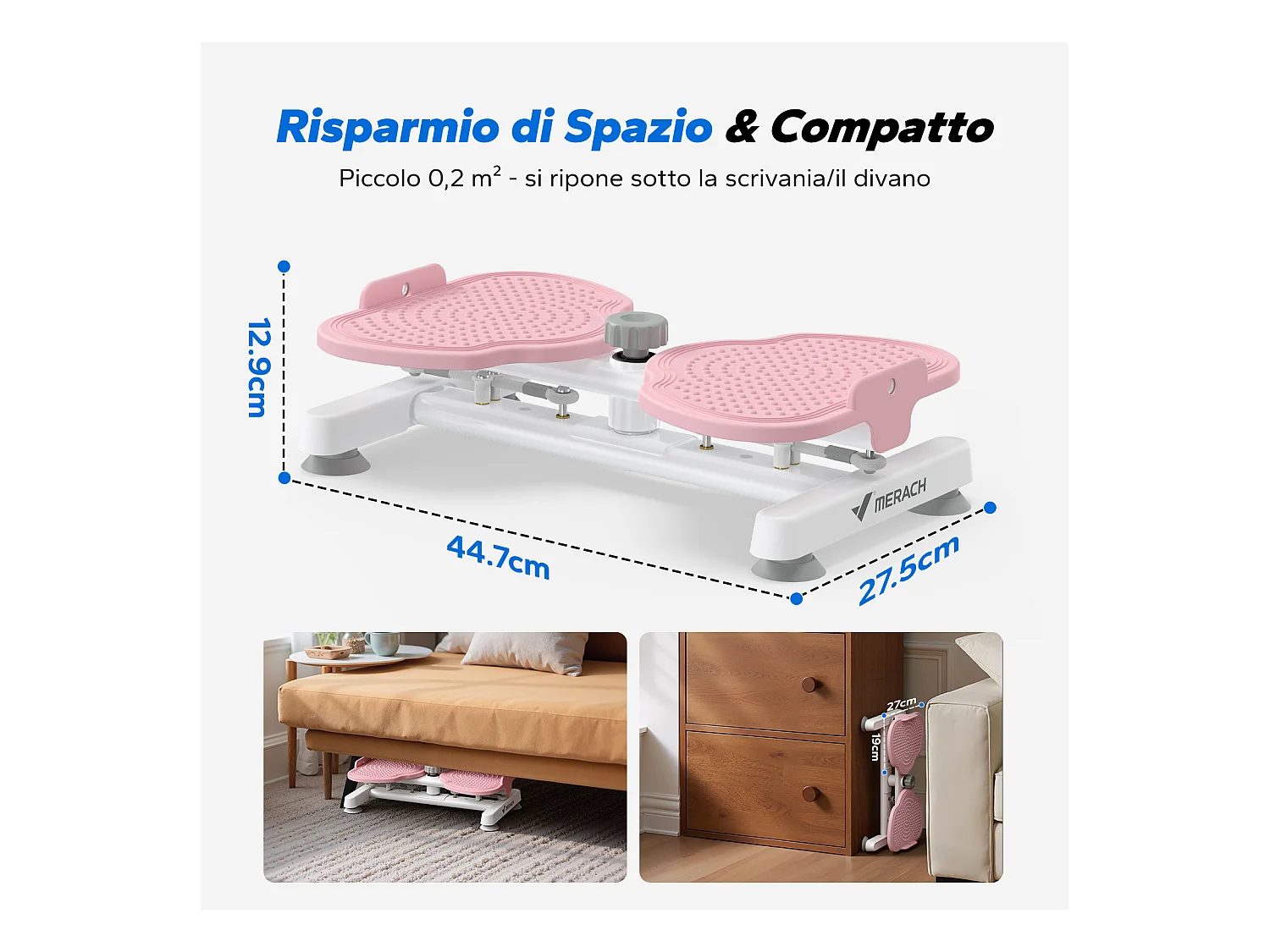 Twist Board MERACH con 2 corde elastiche 2×10 kg, tonifica corpo e addominali, compatto, carico max 136 kg, rosa