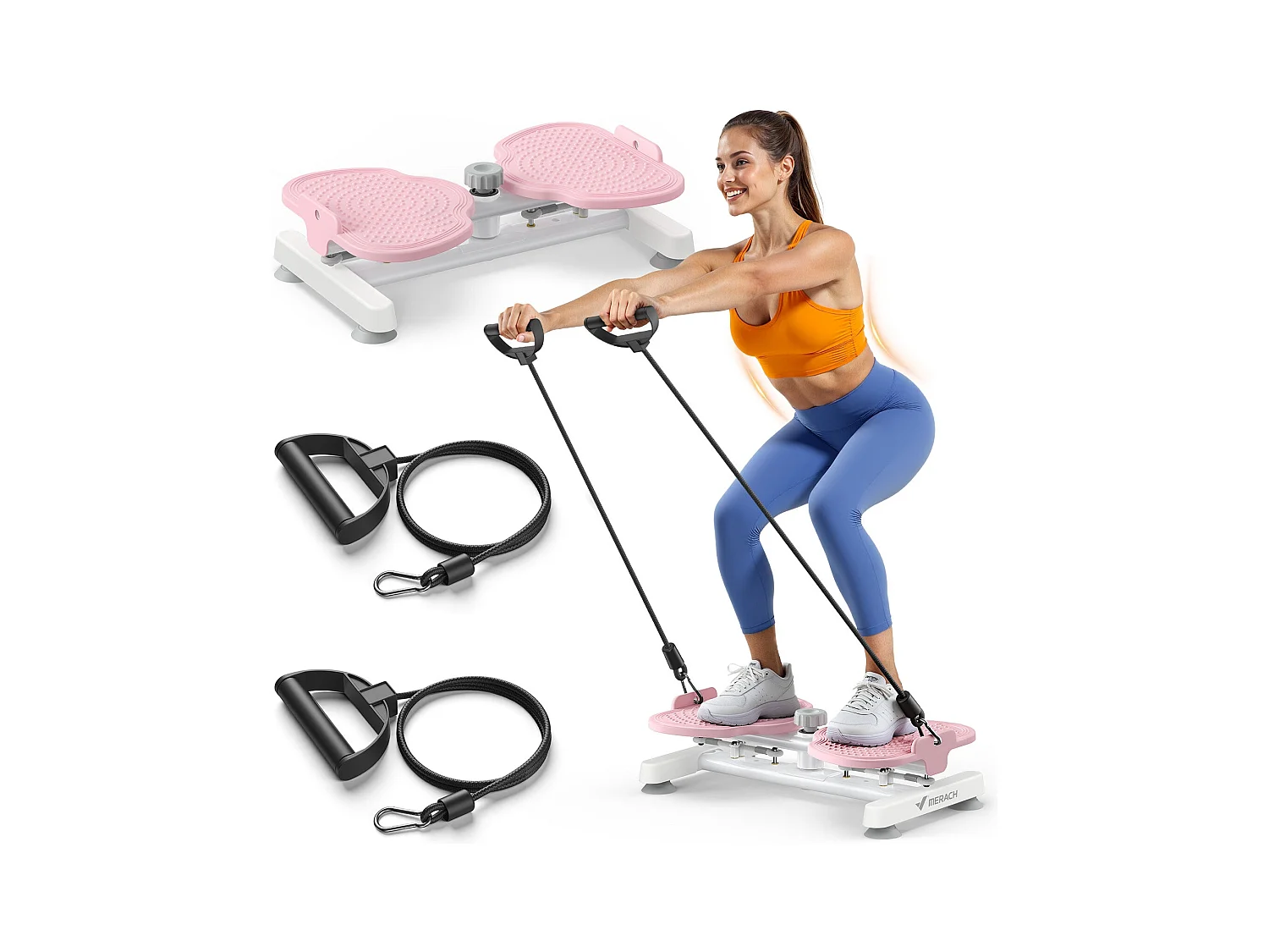 Twist Board MERACH con 2 corde elastiche 2×10 kg, tonifica corpo e addominali, compatto, carico max 136 kg, rosa