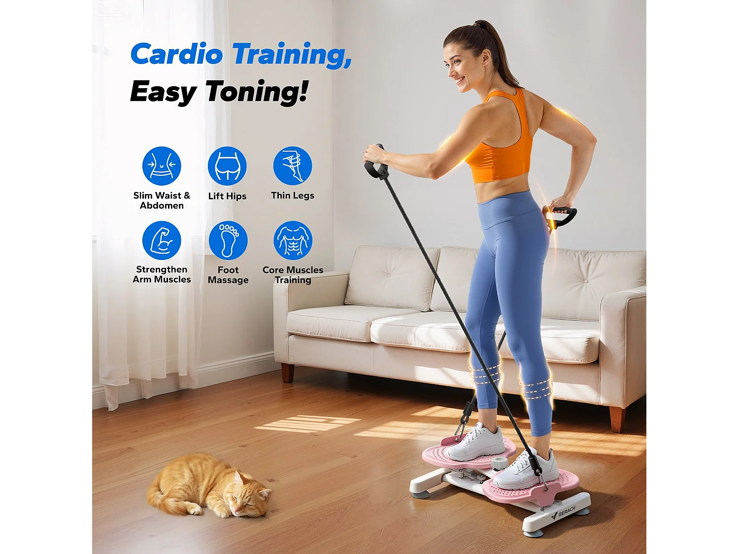 Plateau de torsion MERACH, Twist Board avec 2 cordes élastiques 2×10kg, tonifie corps et abdos, compact, charge 136kg, rose