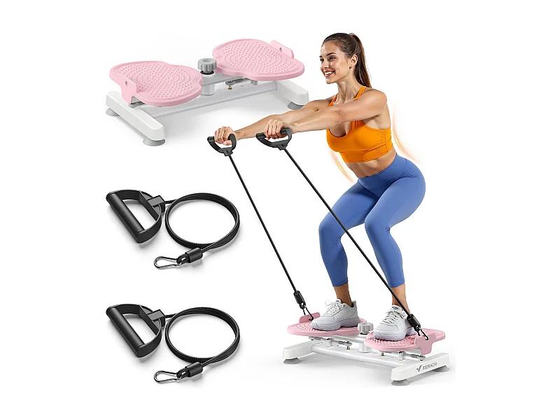 Plateau de torsion MERACH, Twist Board avec 2 cordes élastiques 2×10kg, tonifie corps et abdos, compact, charge 136kg, rose