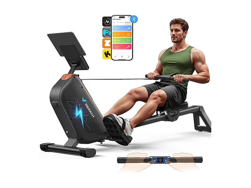 Rameur électromagnétique MERACH, 16 Niveaux de Résistance, Auto-alimenté, Écran LCD, Connecté APP, Pliable, Charge Max 158 kg