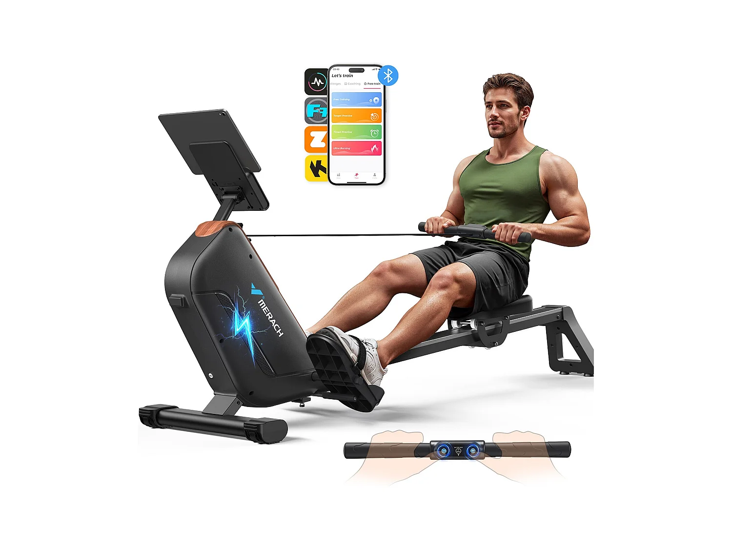 Rameur électromagnétique MERACH, 16 Niveaux de Résistance, Auto-alimenté, Écran LCD, Connecté APP, Pliable, Charge Max 158 kg