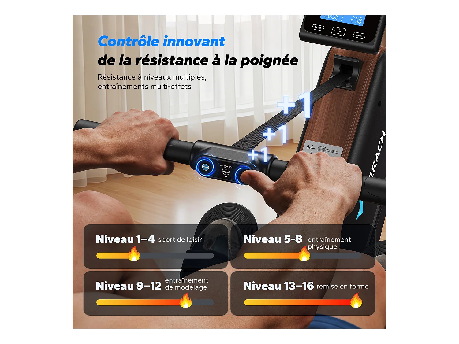 Rameur électromagnétique MERACH, 16 Niveaux de Résistance, Auto-alimenté, Écran LCD, Connecté APP, Pliable, Charge Max 158 kg