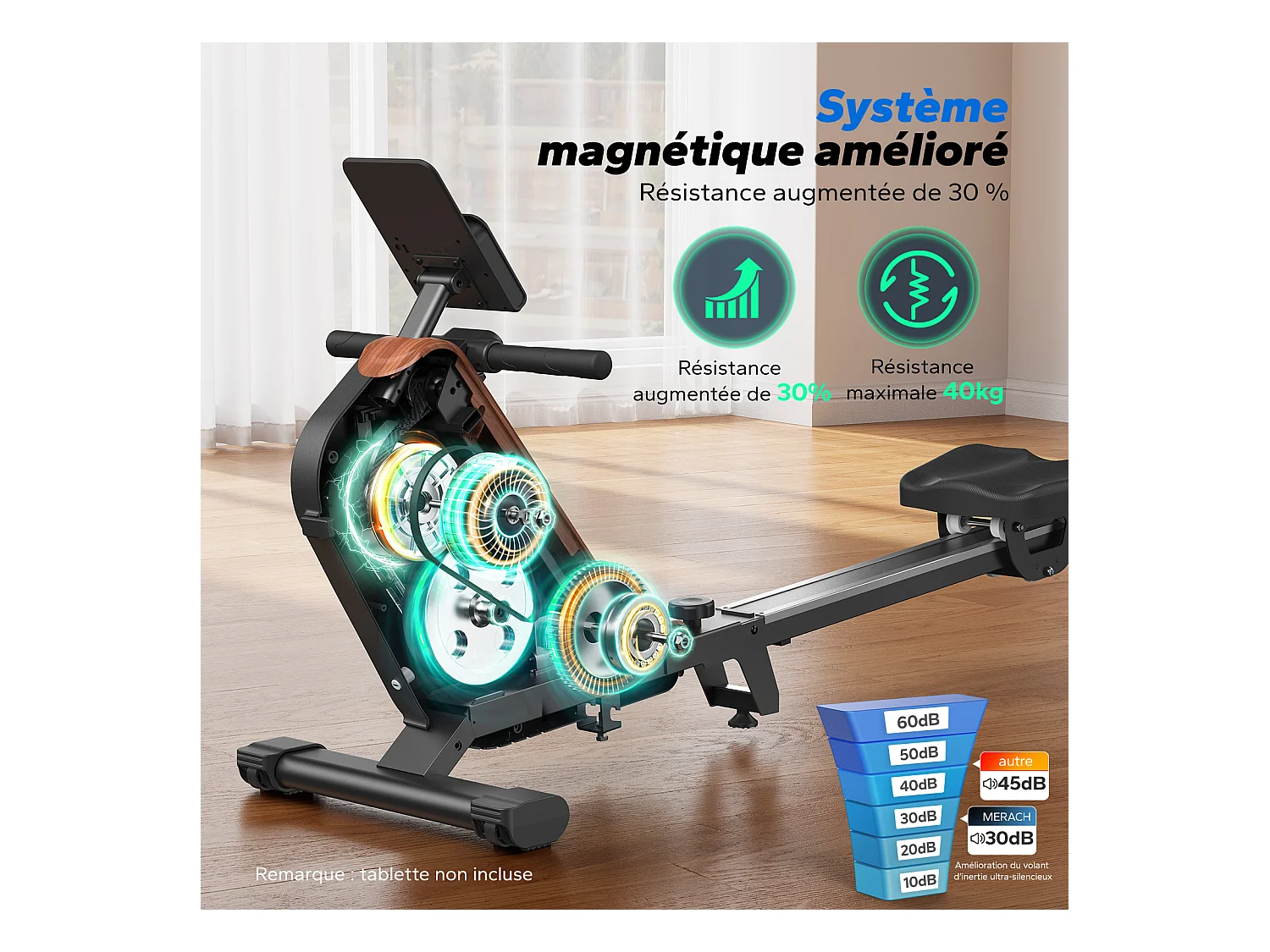 Rameur électromagnétique MERACH, 16 Niveaux de Résistance, Auto-alimenté, Écran LCD, Connecté APP, Pliable, Charge Max 158 kg