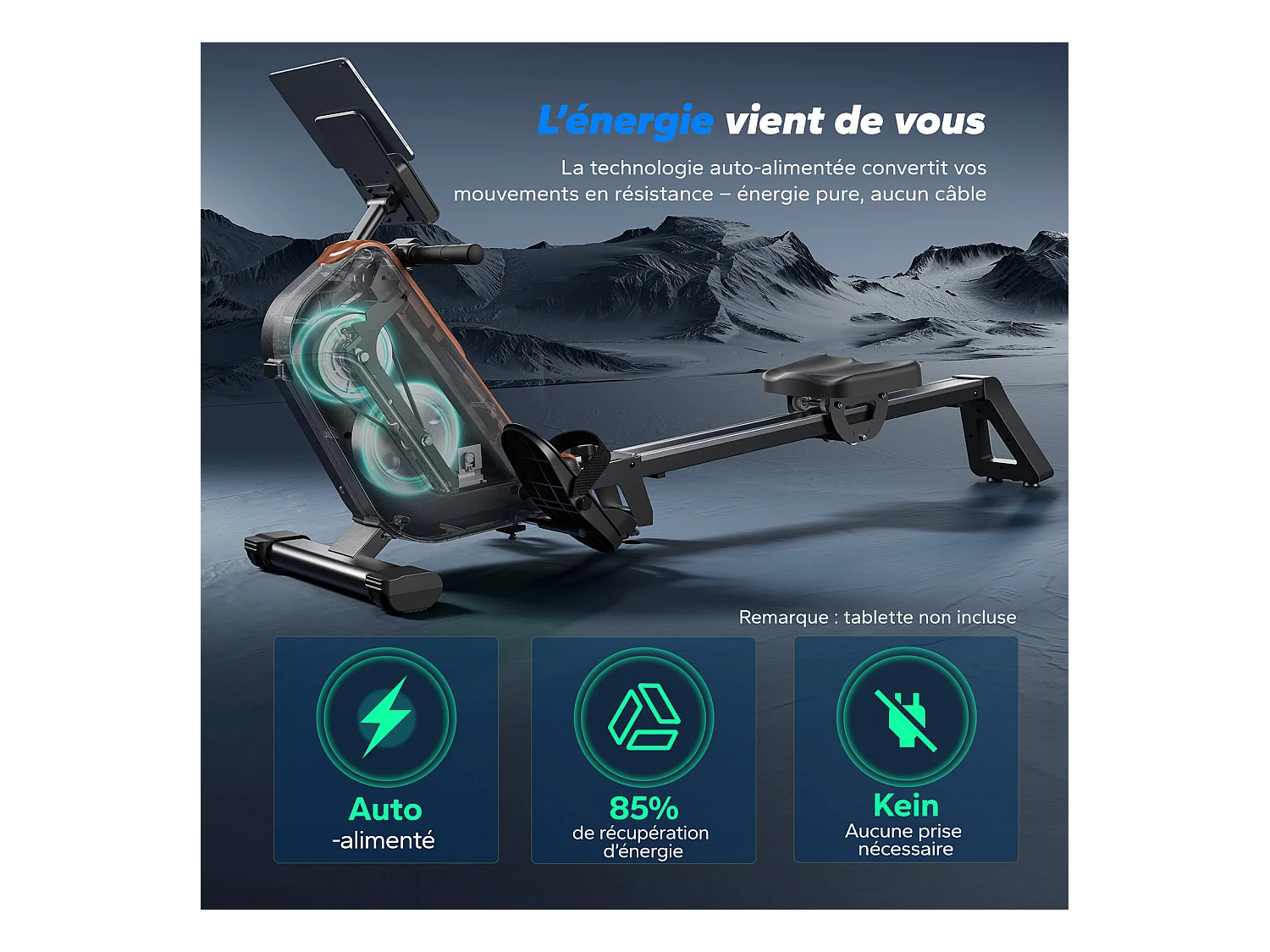 Rameur électromagnétique MERACH, 16 Niveaux de Résistance, Auto-alimenté, Écran LCD, Connecté APP, Pliable, Charge Max 158 kg