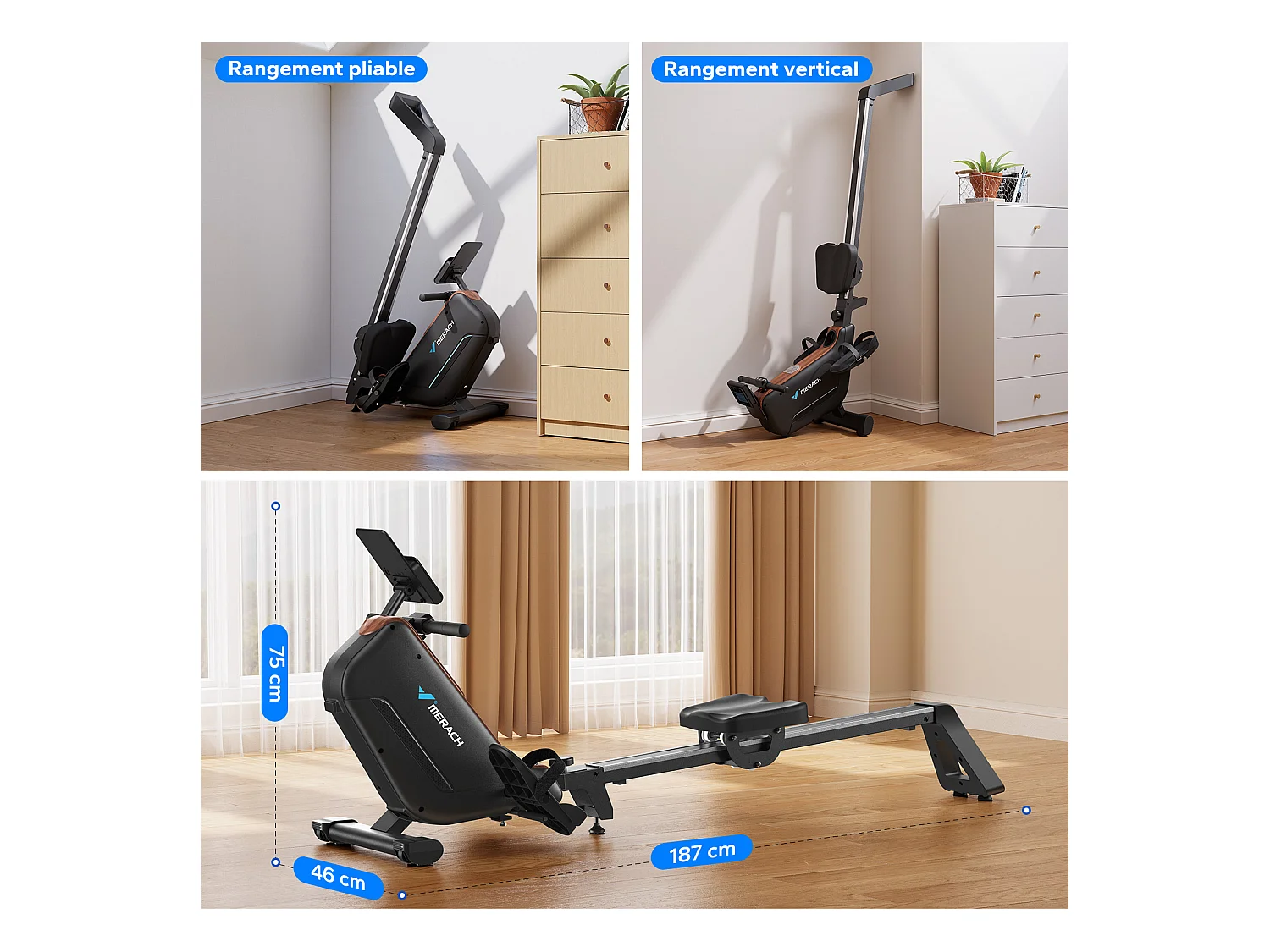 Rameur électromagnétique MERACH, 16 Niveaux de Résistance, Auto-alimenté, Écran LCD, Connecté APP, Pliable, Charge Max 158 kg