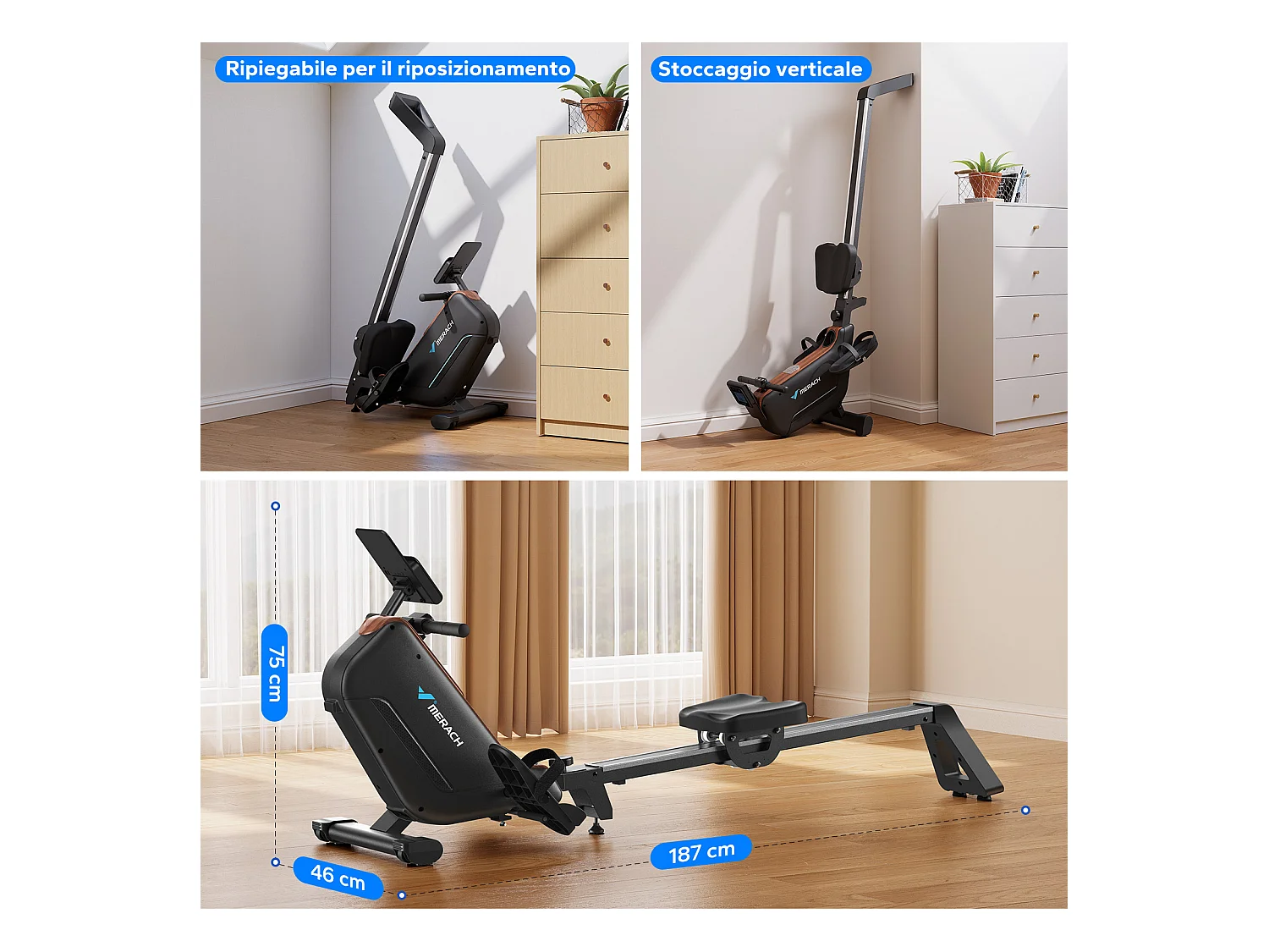 Rameur électromagnétique MERACH, 16 Niveaux de Résistance, Auto-alimenté, Écran LCD, Connecté APP, Pliable, Charge Max 158 kg