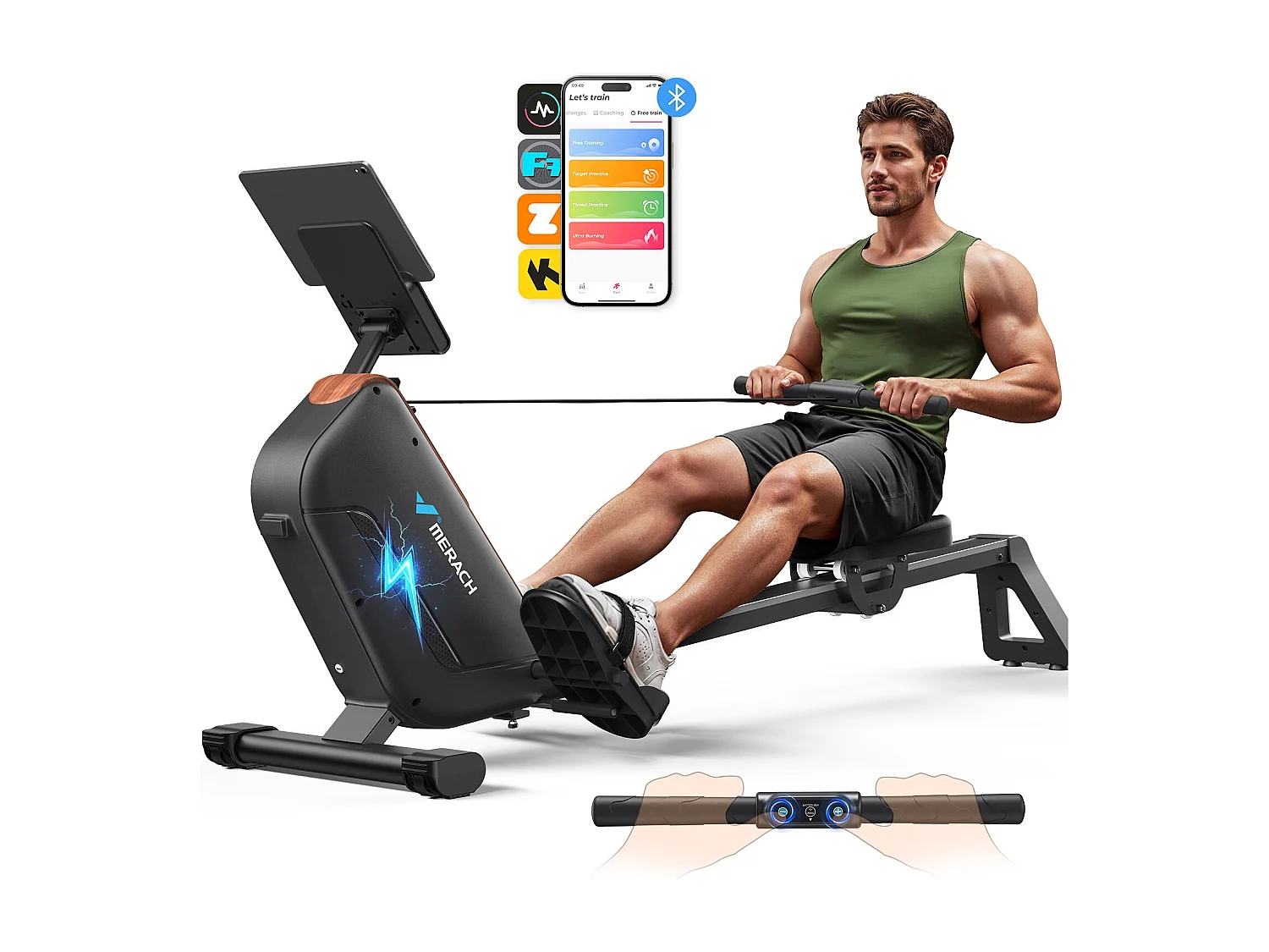 Rameur électromagnétique MERACH, 16 Niveaux de Résistance, Auto-alimenté, Écran LCD, Connecté APP, Pliable, Charge Max 158 kg