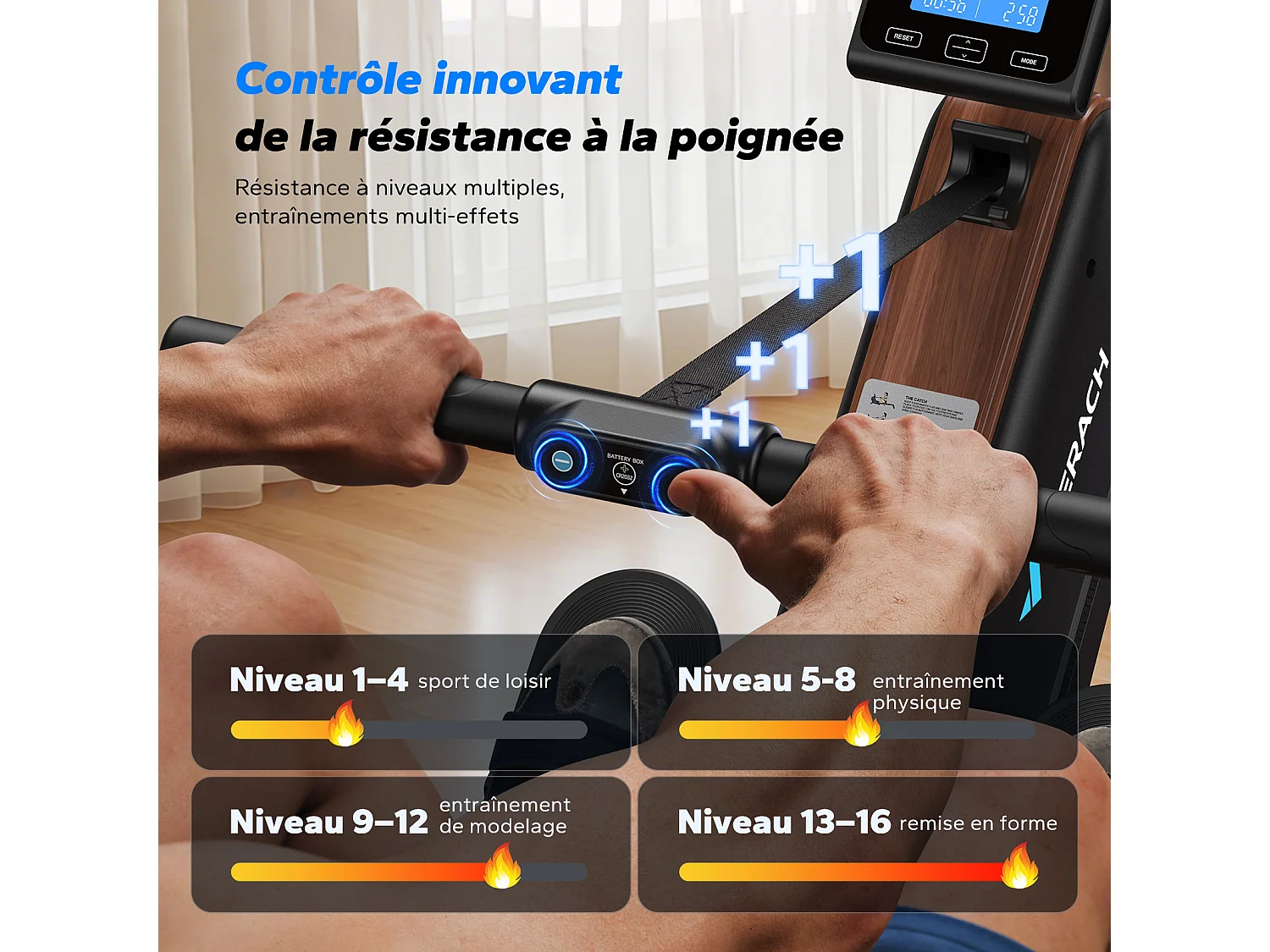 Rameur électromagnétique MERACH, 16 Niveaux de Résistance, Auto-alimenté, Écran LCD, Connecté APP, Pliable, Charge Max 158 kg