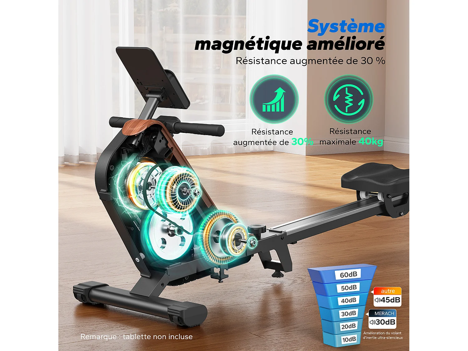 Rameur électromagnétique MERACH, 16 Niveaux de Résistance, Auto-alimenté, Écran LCD, Connecté APP, Pliable, Charge Max 158 kg