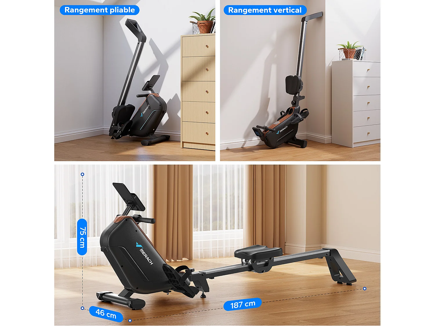 Rameur électromagnétique MERACH, 16 Niveaux de Résistance, Auto-alimenté, Écran LCD, Connecté APP, Pliable, Charge Max 158 kg