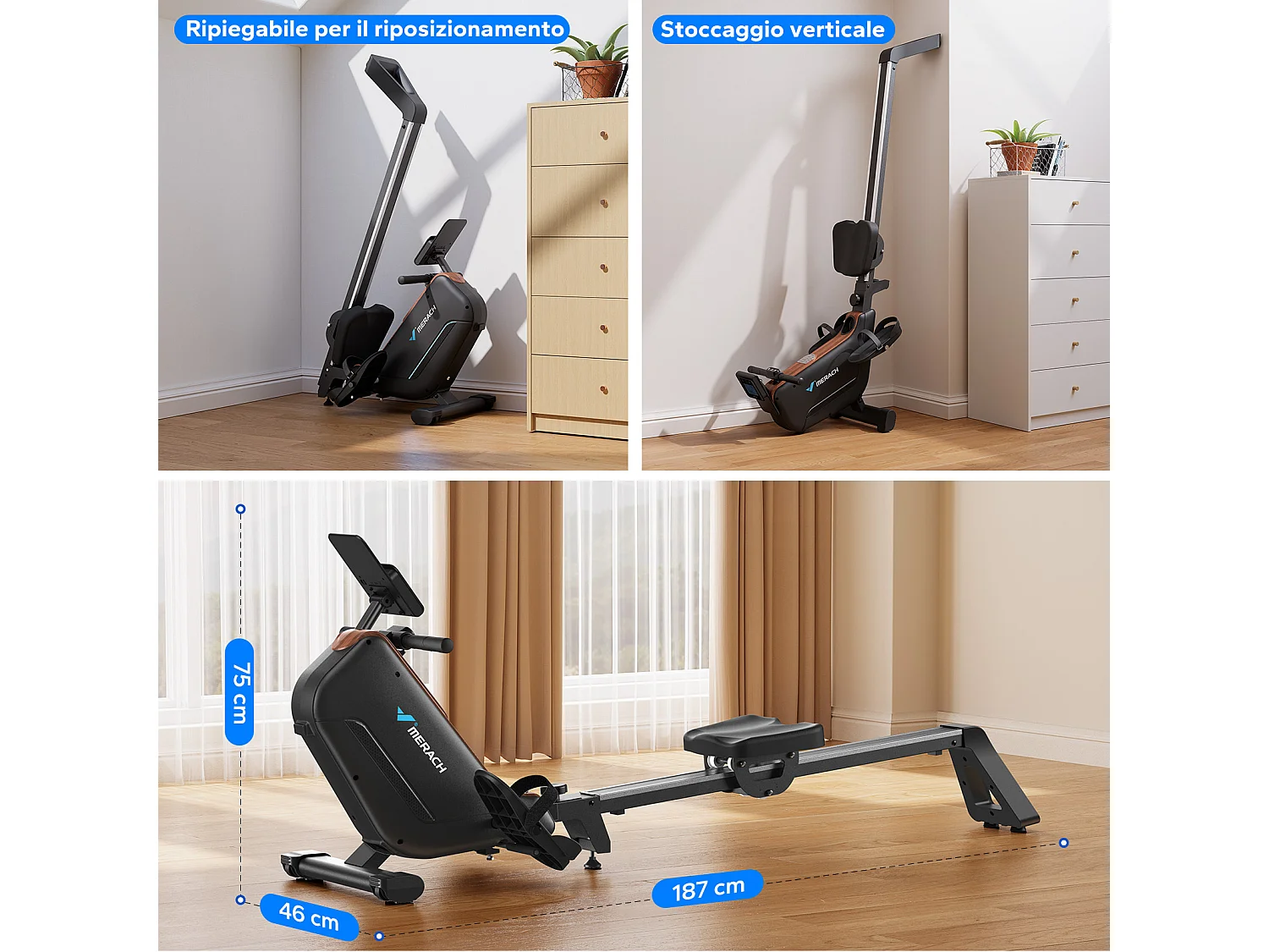 Rameur électromagnétique MERACH, 16 Niveaux de Résistance, Auto-alimenté, Écran LCD, Connecté APP, Pliable, Charge Max 158 kg