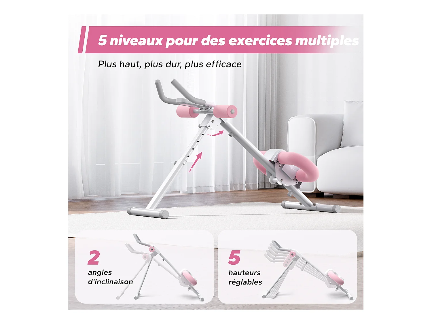 Appareil Abdos & Fessiers MERACH, 5 Niveaux, Inclinaison Réglable, Coussin U, Guidon Antidérapant, Écran LCD, Charge 200kg, Blanc