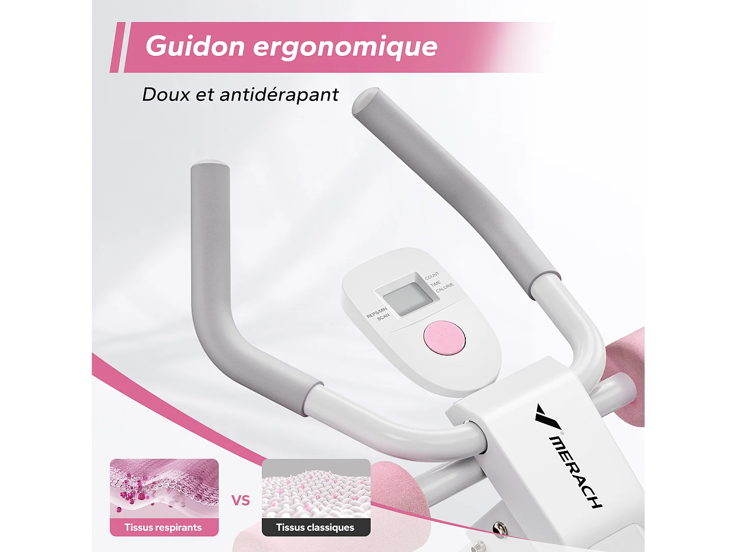 Attrezzo addome & glutei MERACH, 5 livelli, inclinazione regolabile, cuscino a U, manubrio antiscivolo, schermo LCD, carico 200 kg, bianco