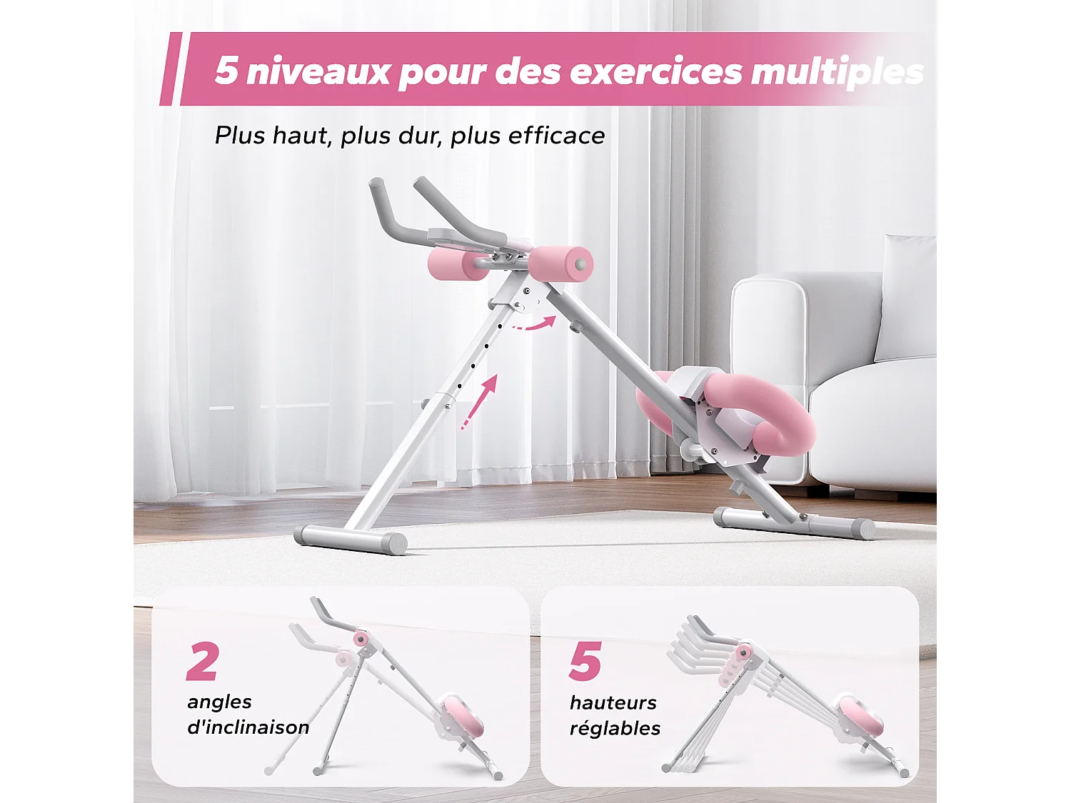 Appareil Abdos & Fessiers MERACH, 5 Niveaux, Inclinaison Réglable, Coussin U, Guidon Antidérapant, Écran LCD, Charge 200kg, Blanc