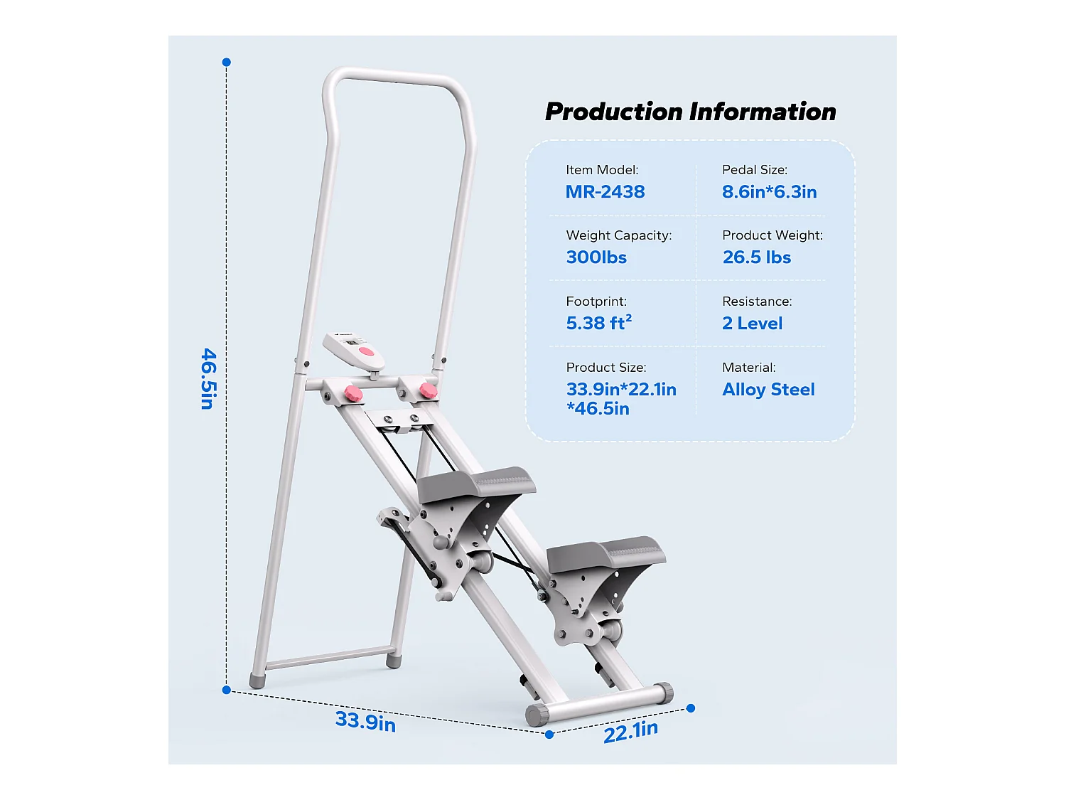Stepper escalier pliable vertical MERACH, 2 niveaux de résistance, 3 positions de pédales ajustables, écran LCD, 136 kg, blanc