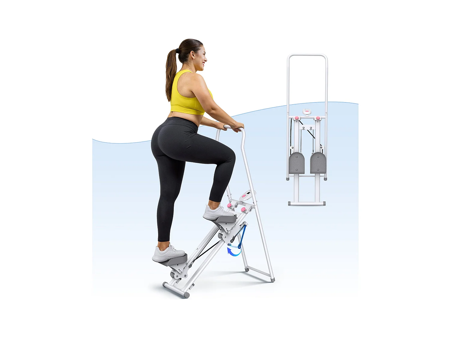 Stepper pieghevole verticale MERACH, 2 livelli di resistenza, 3 posizioni pedali regolabili, display LCD, carico max 136 kg, bianco