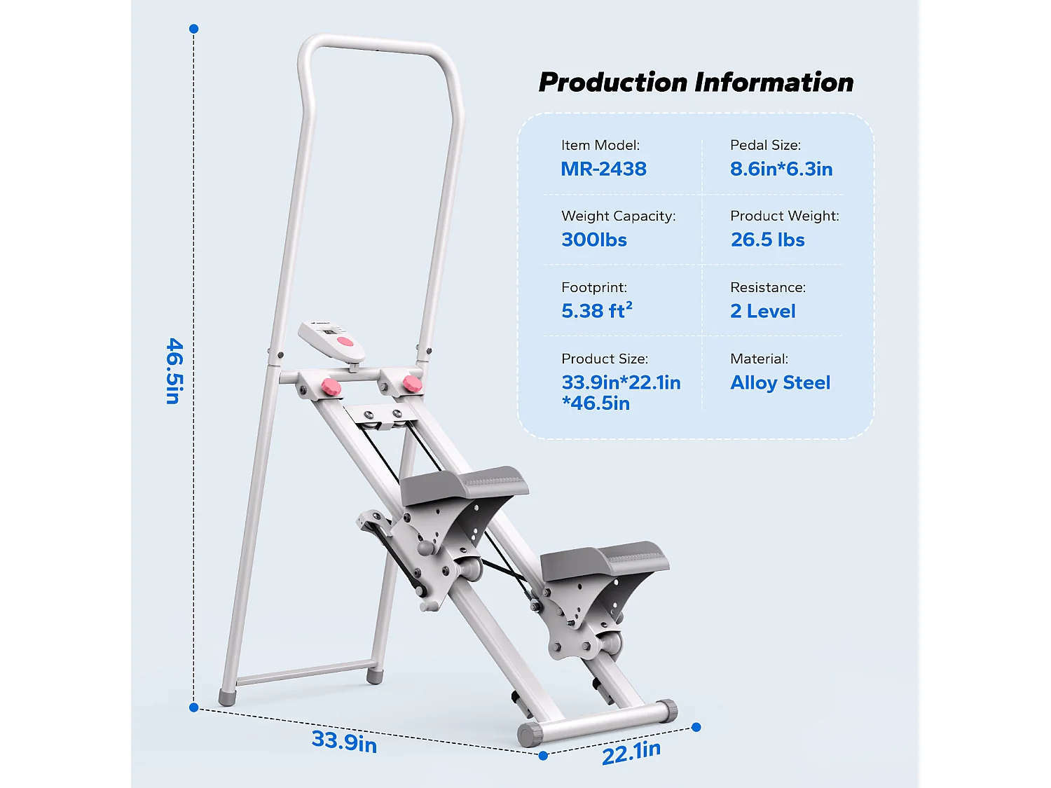 Stepper escalier pliable vertical MERACH, 2 niveaux de résistance, 3 positions de pédales ajustables, écran LCD, 136 kg, blanc