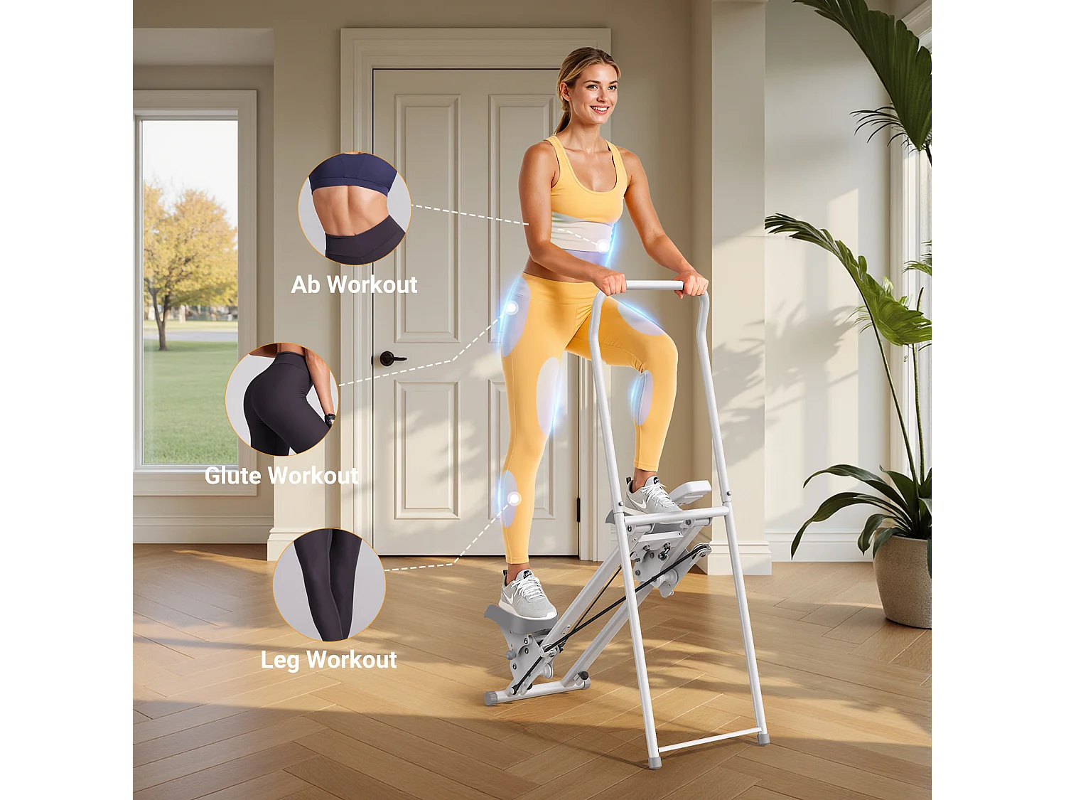 Stepper escalier pliable vertical MERACH, 2 niveaux de résistance, 3 positions de pédales ajustables, écran LCD, 136 kg, blanc