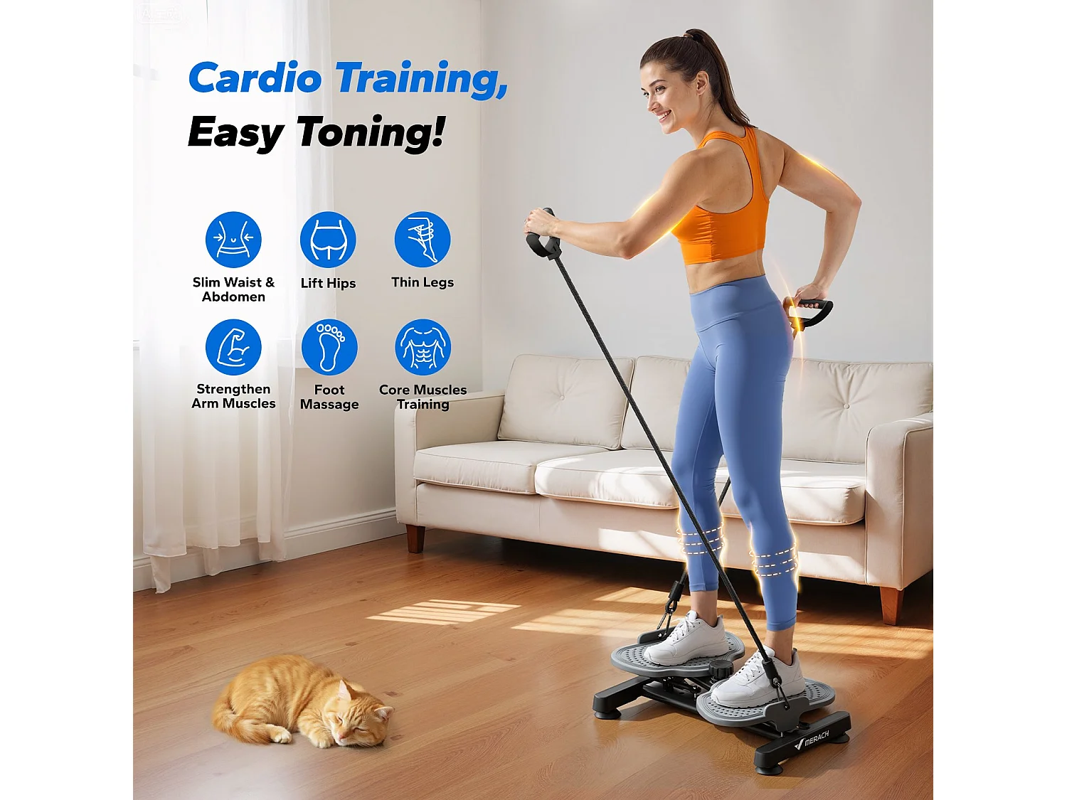 Plateau de torsion MERACH, Twist Board avec 2 cordes élastiques 2×10kg, sculpte taille et abdos, silencieux, charge 136kg, noir