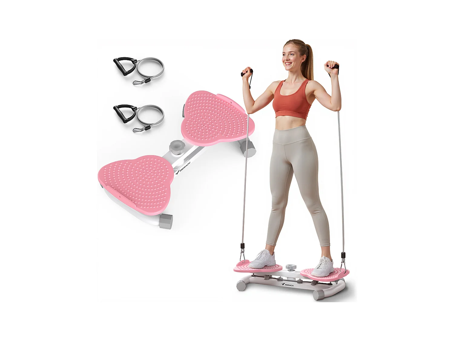 Attrezzo per torsione vita MERACH con bande elastiche di resistenza, presa sicura, carico max 136 kg, silenzioso, bianco