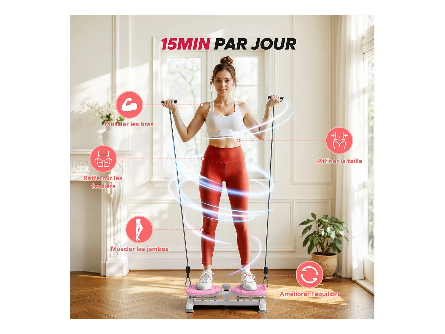 Attrezzo per torsione vita MERACH con bande elastiche di resistenza, presa sicura, carico max 136 kg, silenzioso, bianco