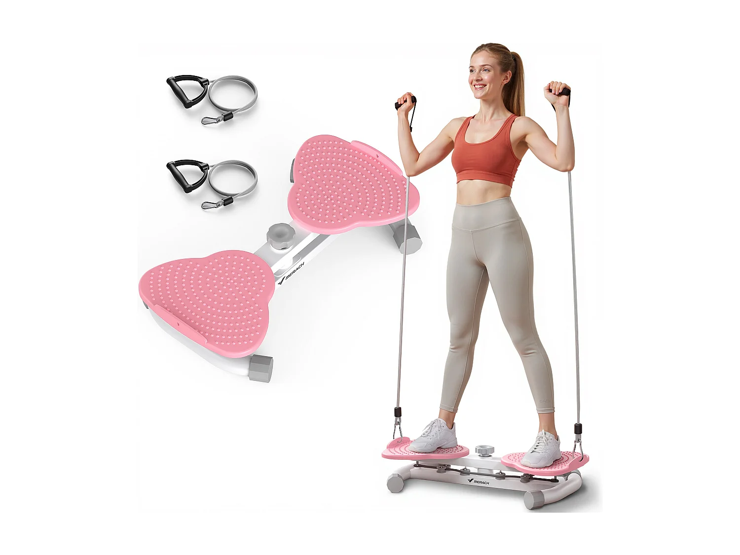 Attrezzo per torsione vita MERACH con bande elastiche di resistenza, presa sicura, carico max 136 kg, silenzioso, bianco