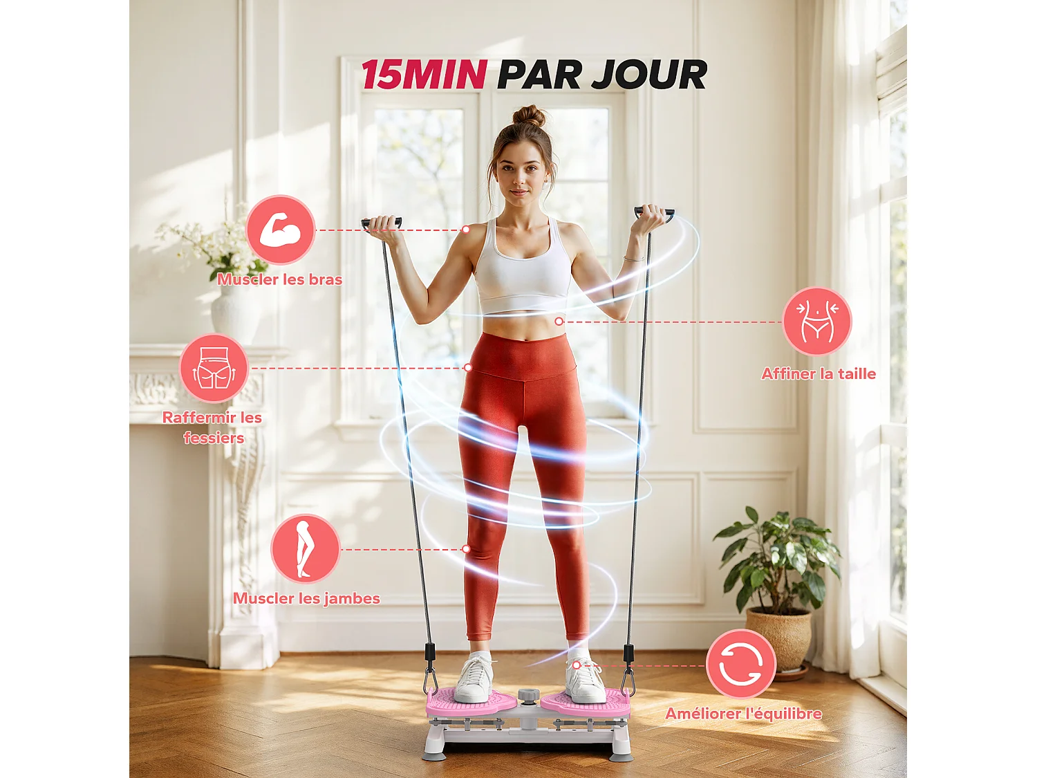 Attrezzo per torsione vita MERACH con bande elastiche di resistenza, presa sicura, carico max 136 kg, silenzioso, bianco