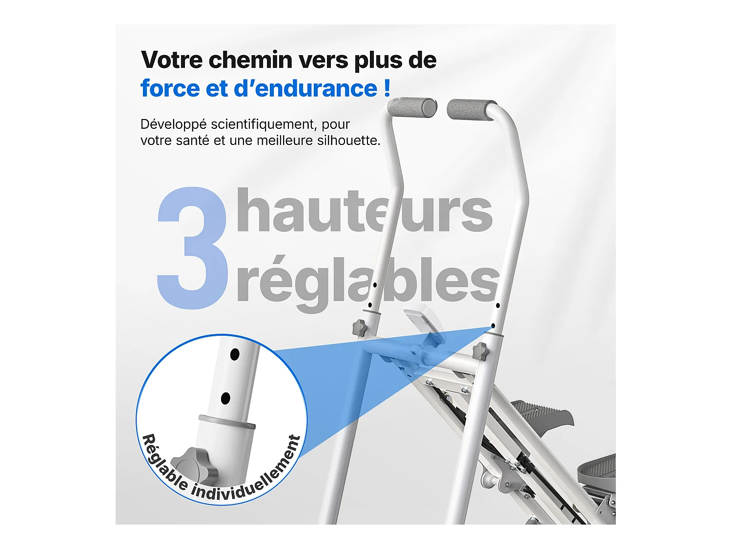 Stepper vertical pliable MERACH, 3 niveaux de résistance, guidon réglable en hauteur et direction, écran LCD, charge 150 kg, blanc