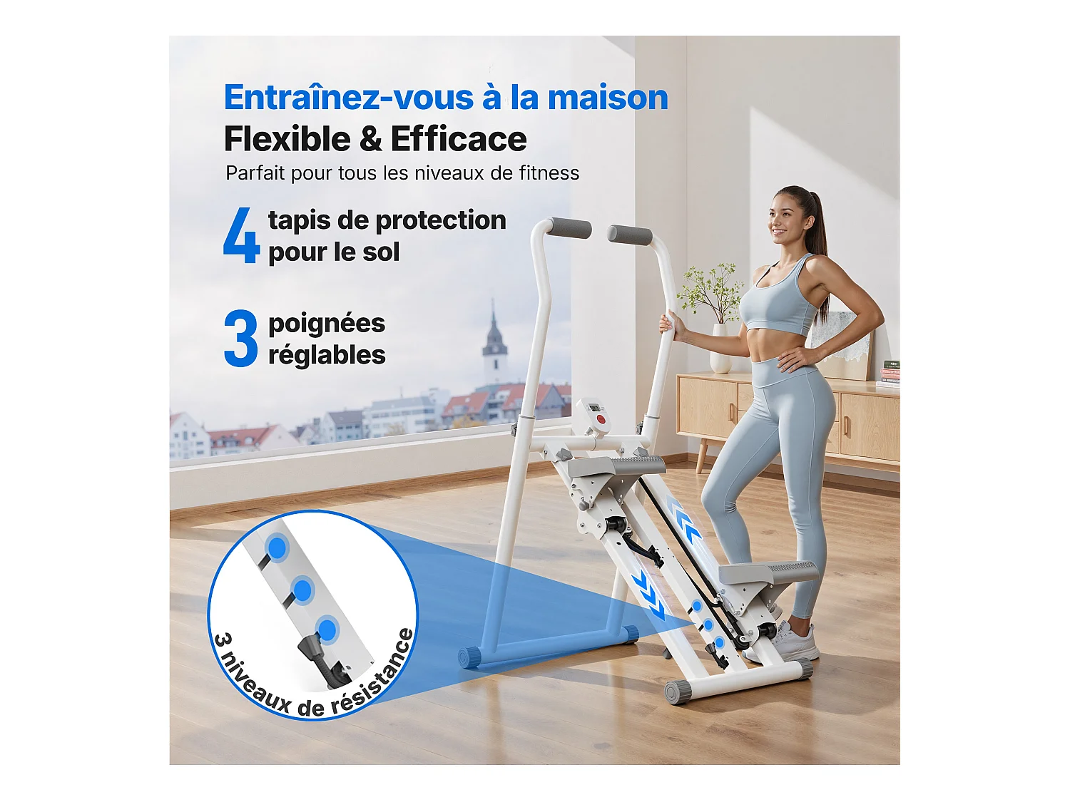 Stepper vertical pliable MERACH, 3 niveaux de résistance, guidon réglable en hauteur et direction, écran LCD, charge 150 kg, blanc
