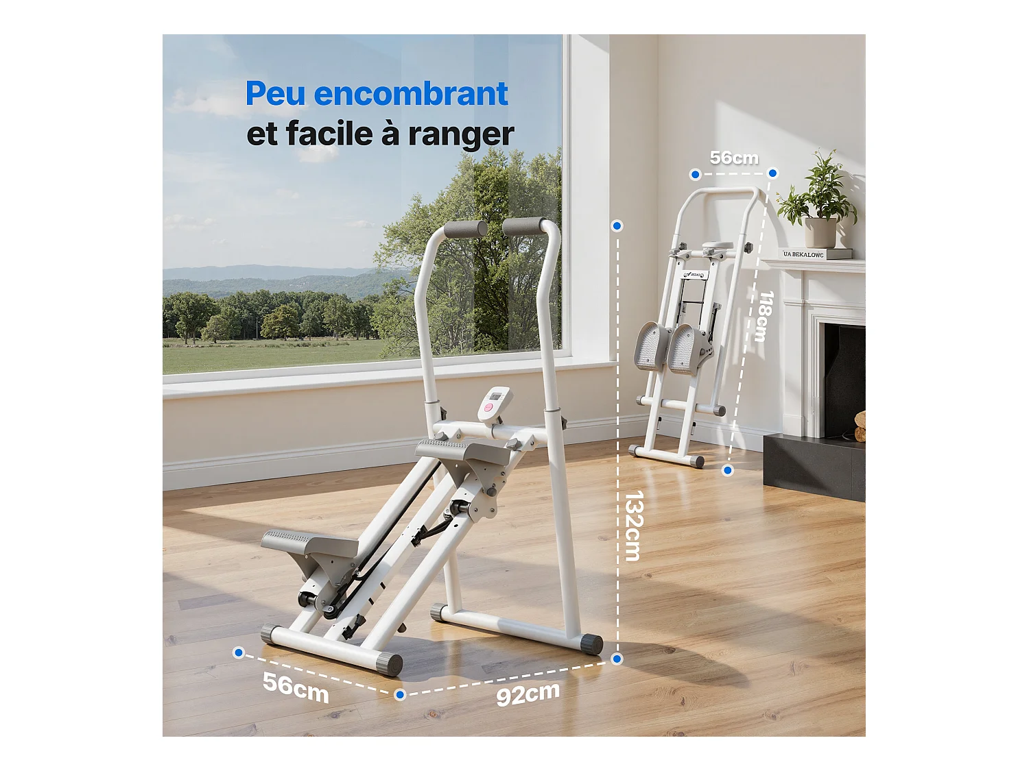 Stepper vertical pliable MERACH, 3 niveaux de résistance, guidon réglable en hauteur et direction, écran LCD, charge 150 kg, blanc